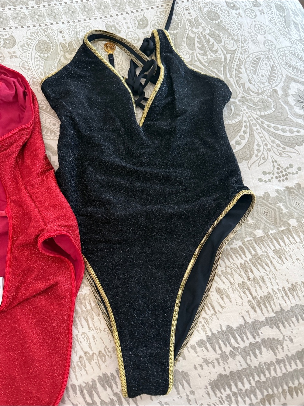 Luli Fama Pink, Red & Black Shimmer One-Piece Swimsuit Trio